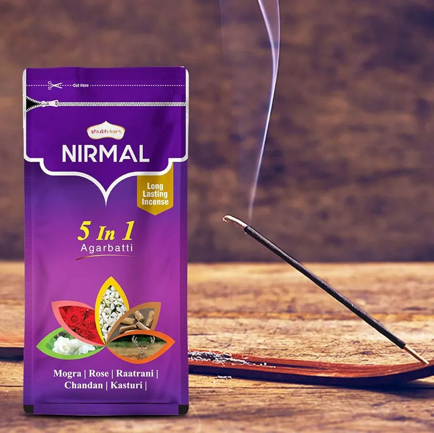 Shubhkart Nirmal 5 in 1 Agarbatti Pack 150g Long Incense Sticks Charcoal Free Natural Fragrance Zipper Pack