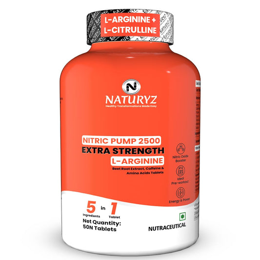NATURYZ Nitric Pump 2500 Mg Extra Strength L-Arginine | L Citrulline | Caffeine | Boosts Stamina | Energy | Increases Blood Flow | Improves Performance | Ideal Pre-workout Supplement for Men & Women- 50 Tablets