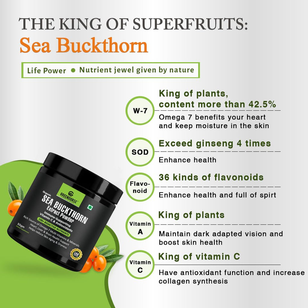 GREENDORSE Himalayan Sea Buckthorn (Omega-7) Extract Powder, SUPERFRUIT with 190+ Active Nutrients, Omega, Antioxidants Protection, Supports Brain, Liver & Heart Functioning- 50g