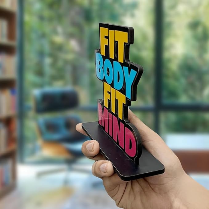 Artvibes Wooden Idols and Figurine Fit Body Fit Mind Fitness Positive Quotes Table Decor for Office Desk Showpiece