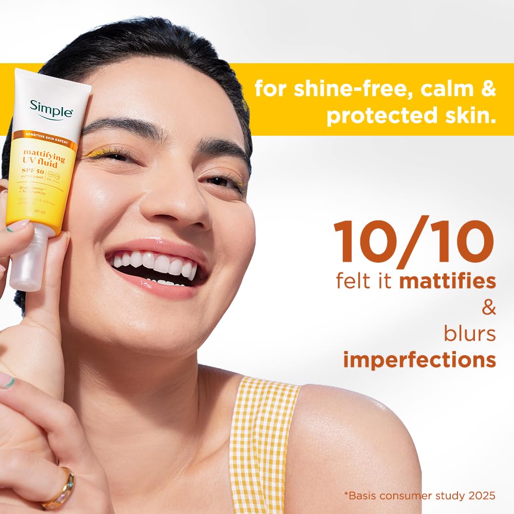 Simple Mattifying UV Fluid |SPF 50 PA++++ | With Niacinamide & GlutaAmino Technology| Sunscreen for Oily Skin & Dark Spots |Ultra Lightweight & Non-Sticky | UVA UVB & Bluelight protection | 40ml