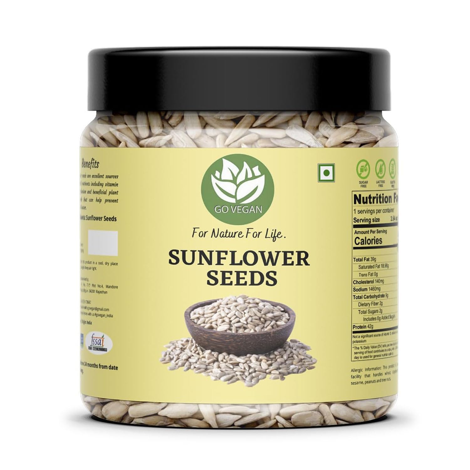 Go Vegan Sunflower Seeds for Eating 250gm - Rich in Protein & Fiber, Healthy Seeds [Jar Pack]