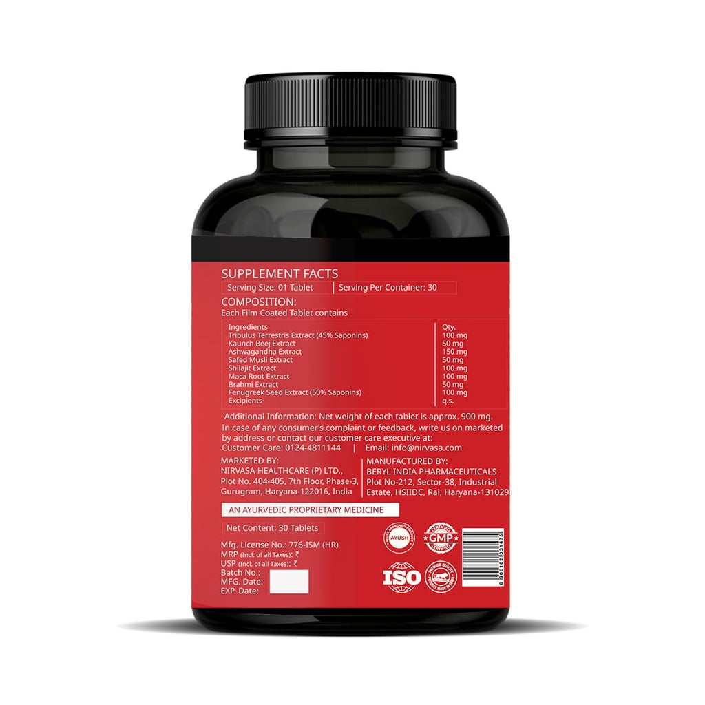 Nirvasa StayManly Tablets (30 Tabs) | Ayurvedic Strength, Stamina & Performance Booster | Boosts Energy, Endurance & Vitality | Tribulus Terrestris, Ashwagandha, Safed Musli & Shilajit