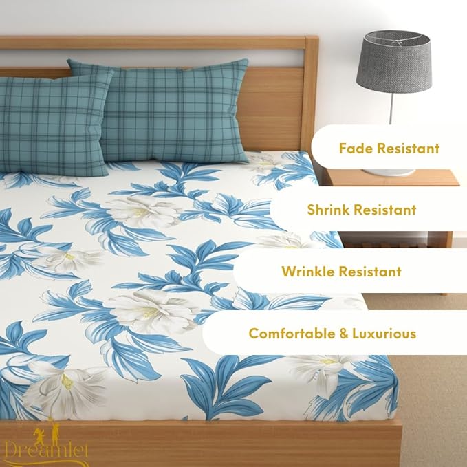 Dreamlet All Around Elastic Supersoft 210tc Premium Cotton Elastic Fitted Bedsheets With 2 King Size Pillow Covers | Blue & White