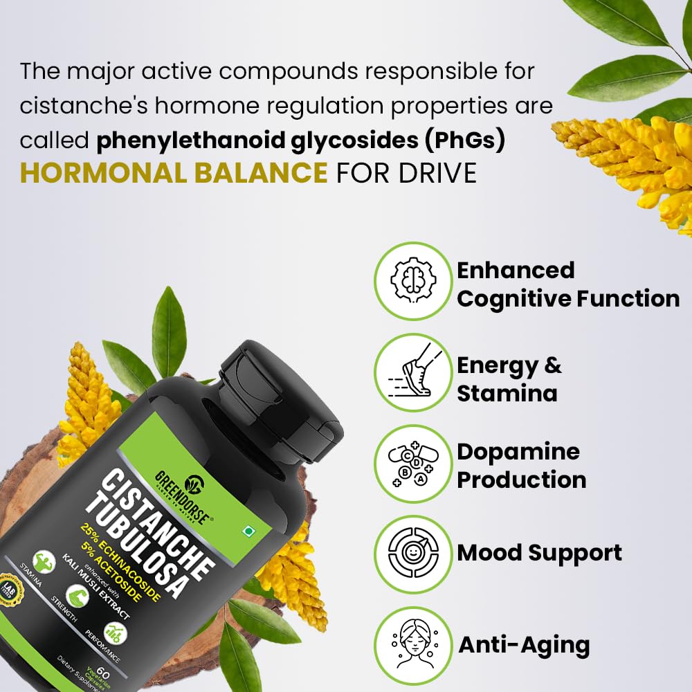 GREENDORSE Organic Cistanche Tubulosa standardised to 25% Echinacoside, 5% Acetoside with Kali Musli Extract 1000mg | 3rd Party Tested| For Strength, Performance, Vitality- 60 Veg Capsules