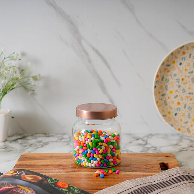 Femora Kitchen Storage Jars Clear Glass Jar With Steel Lid Air Tight Jar | 700 Ml | Pack of 1 | Golden Lid