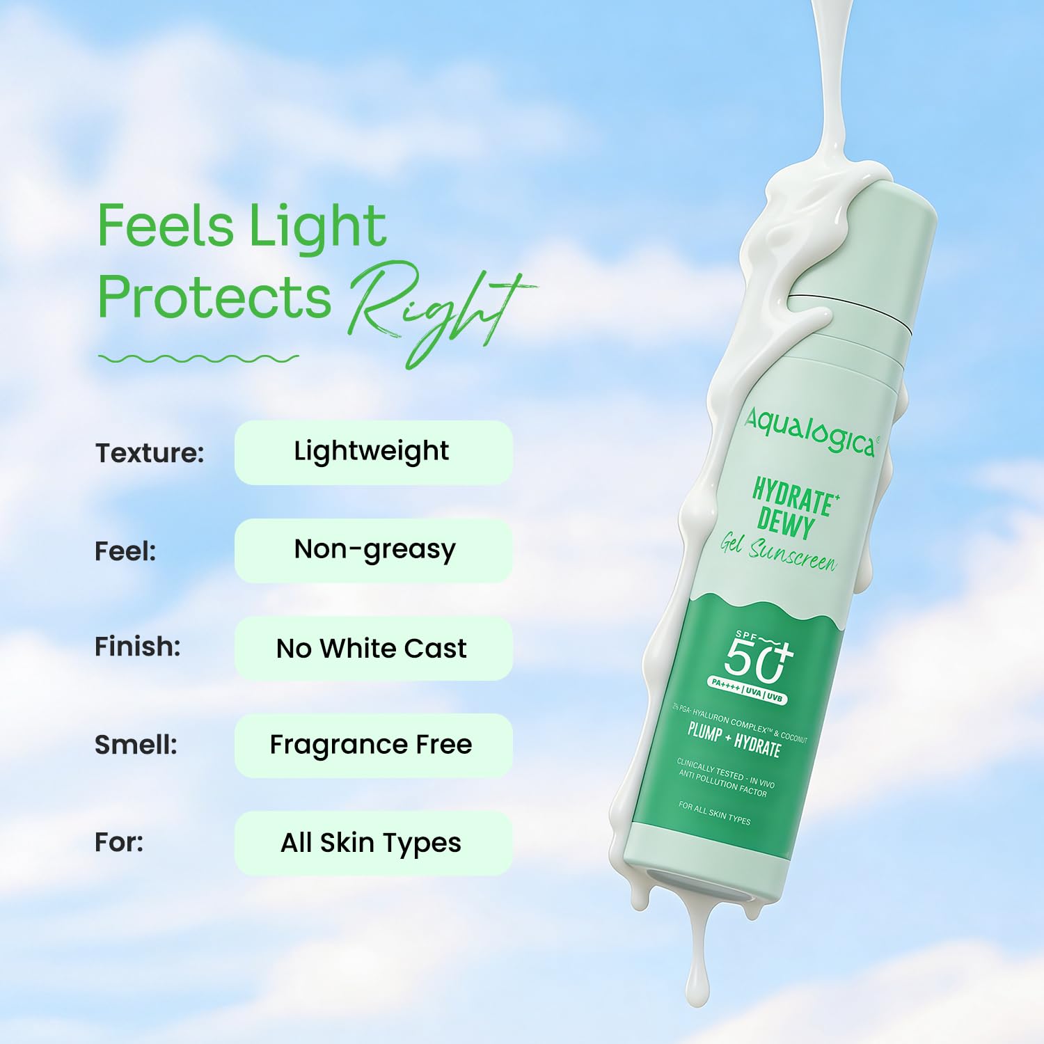 Aqualogica Hydrate+ Dewy Sunscreen SPF 50 PA+++ 50g | UVA/B & Blue Light Protection for Men & Women | For Oily, Combination & Dry Skin | Fragrance-Free