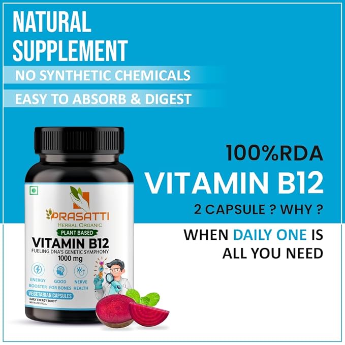 Prasatti Herbal Organic Plant Based Vitamin B12 - 120 Veg Capsules