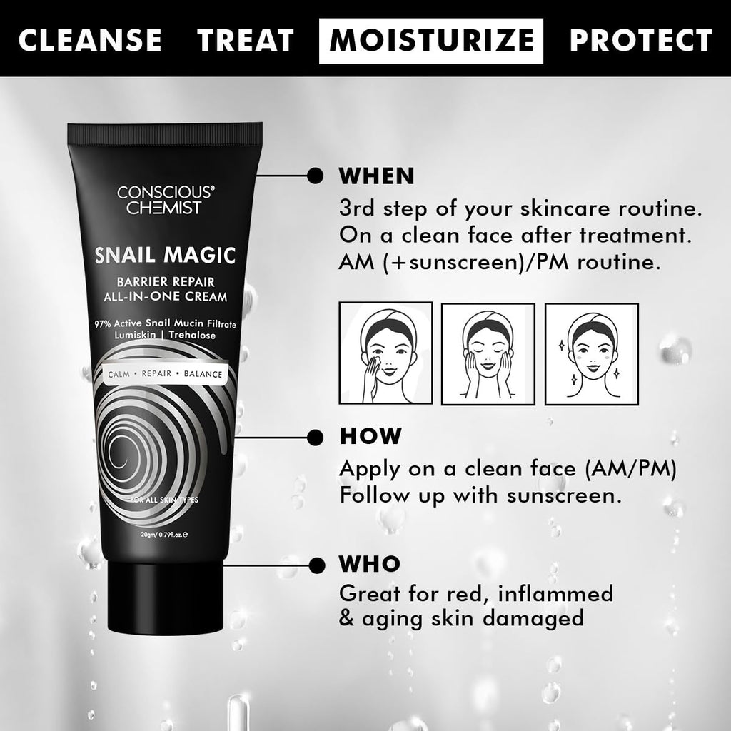 Conscious Chemist® Snail Mucin Moisturizer | 20g | Face Cream for Men & Women, Skin Barrier Repair Moisturizer, Daily Gel Cream with Korean Snail Mucin Extract, All Skin Type - Snail Magic