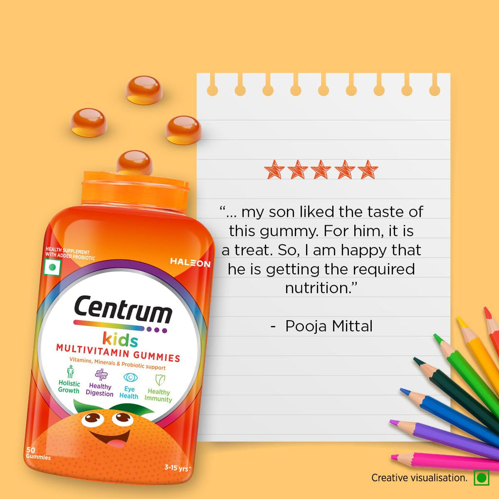 Centrum Kids- Multivitamin Gummies for Kids | Non-Habit Forming | With Zinc, Vitamin B, C, D for Overall Growth, Healthy Digestion, Eye Health, Immunity | Tasty Orange Flavour | Veg - 50 gummies