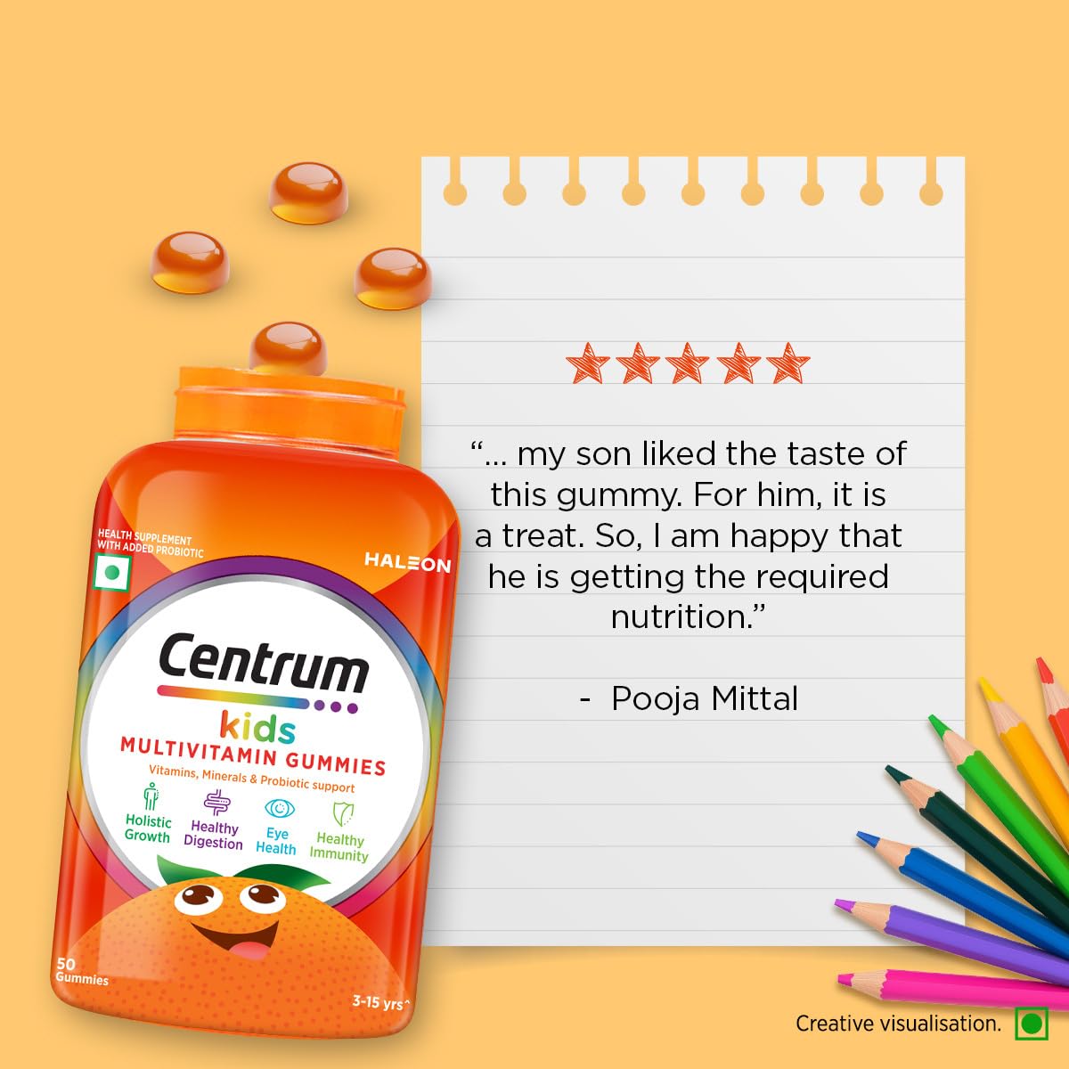 Centrum Kids- Multivitamin Gummies for Kids | Non-Habit Forming | With Zinc, Vitamin B, C, D for Overall Growth, Healthy Digestion, Eye Health, Immunity | Tasty Orange Flavour | Veg - 50 gummies
