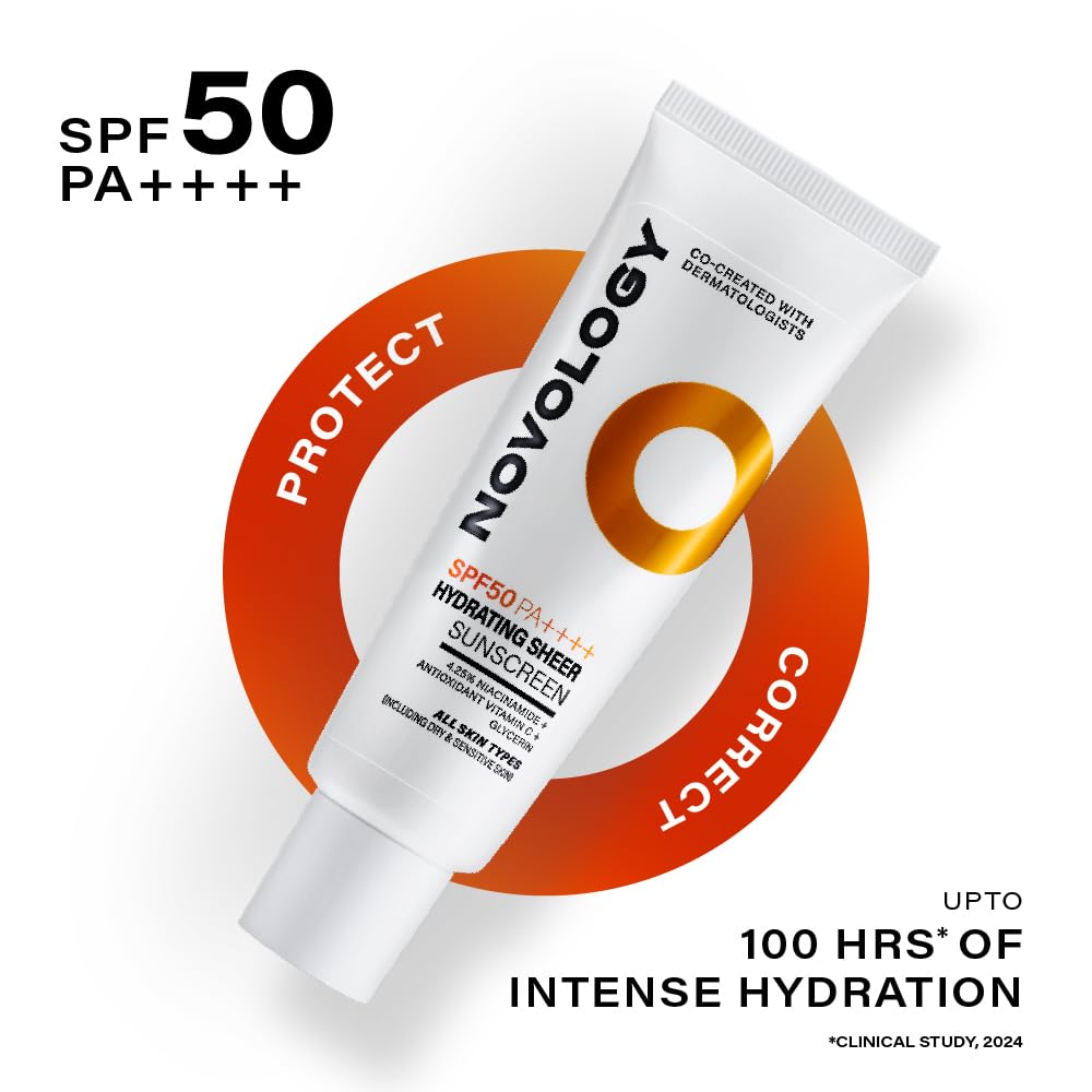 Novology SPF 50 PA++++ Hydrating Sheer Sunscreen With 4.5% Niacinamide for Dry Skin| No White Cast, Non Sticky | 50 g