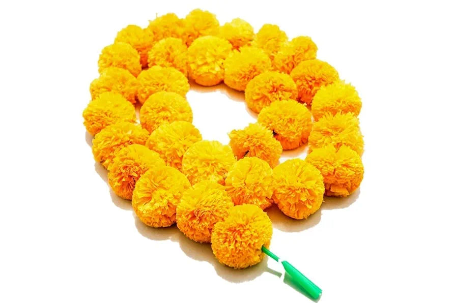 Artificial Marigold Flowers for Decoration Garland with Bell 5 Feet Long yelow - 100pcs(10pkt)
