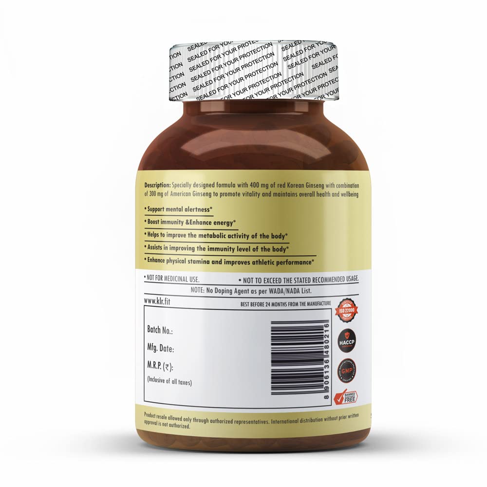Klr.Fit's Korean Red and American Ginseng | Boosts Energy, Supports Immune System, and Reduce Stress | For Men & Women | With 20% Ginsenosides content | 50 Capsules