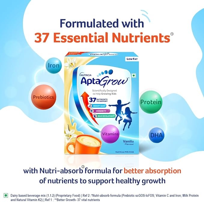AptaGrow Milk Drink Powder Vanilla Flavour for Kid s Height Gain - 400 gms