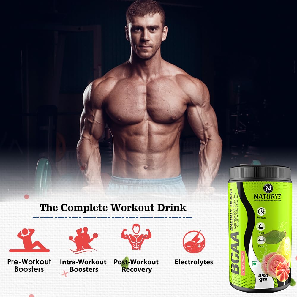 NATURYZ BCAA Energy Blast Pre Intra Post Workout Supplement With 7000 BCAA | Glutamine | Citrulline | Beta-Alanine for Muscle Recovery | Power & Energy-450 Grams(Guava Flavor)