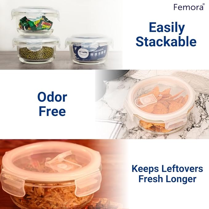 Femora Borosilicate Glass Containers for Kitchen | Storage Box for Kitchen With Air Vent Lid | Set of 3 | 380 Ml, 580 Ml, 940 Ml