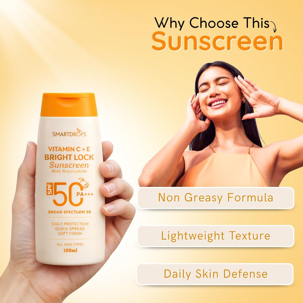 Smartdrops Vitamin C + E Sunscreen SPF 50 PA+++ With Niacinamide Daily Use Face & Body Sun Protection Lotion Soft Finish Quick Spread Formula For All Skin Types 100ml (Pack-1)