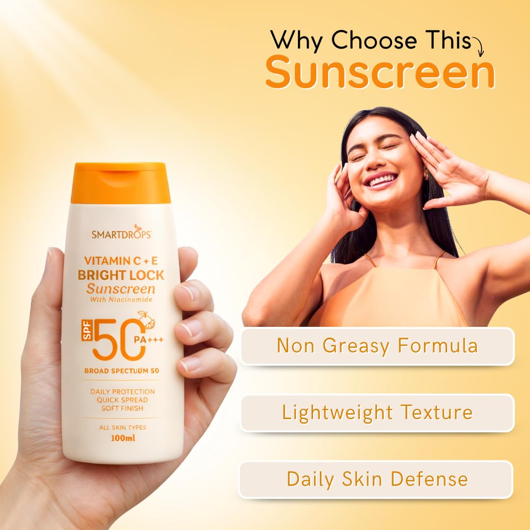 Smartdrops Vitamin C + E Sunscreen SPF 50 PA+++ With Niacinamide Daily Use Face & Body Sun Protection Lotion Soft Finish Quick Spread Formula For All Skin Types 100ml (Pack-1)