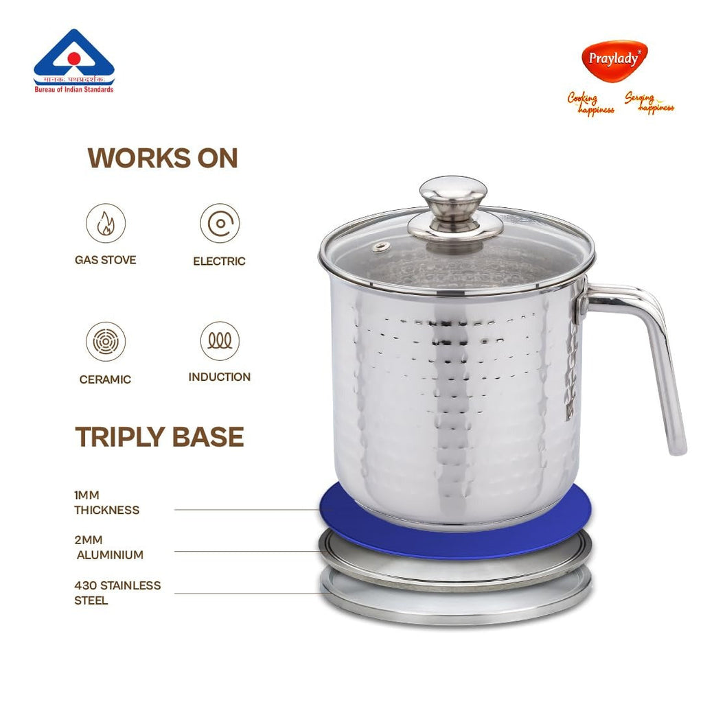 PrayLady Stainless Steel Milk Boiler with Glass Lid Hammered