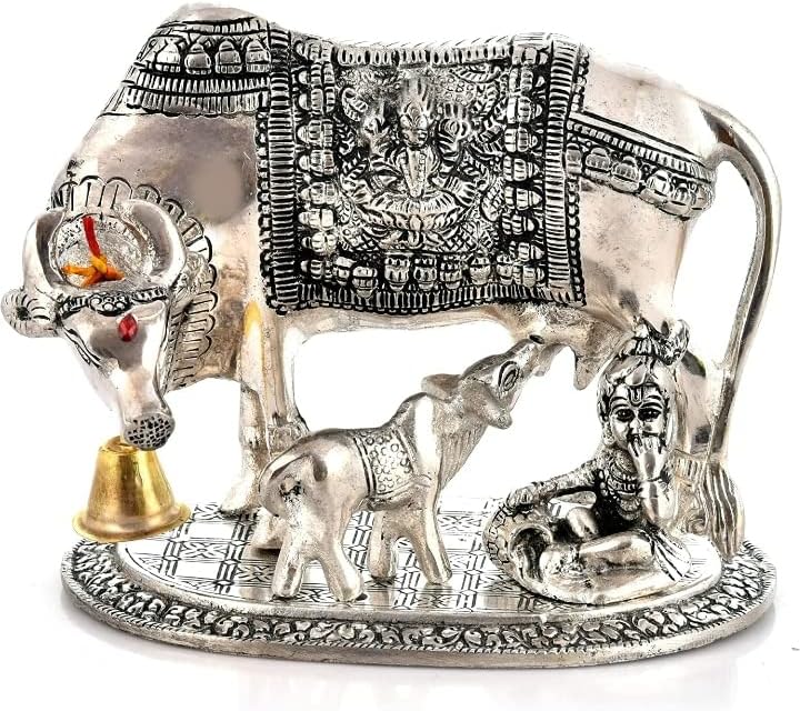 Ecraftindia White Metal Decorative Cow With Calf Statue