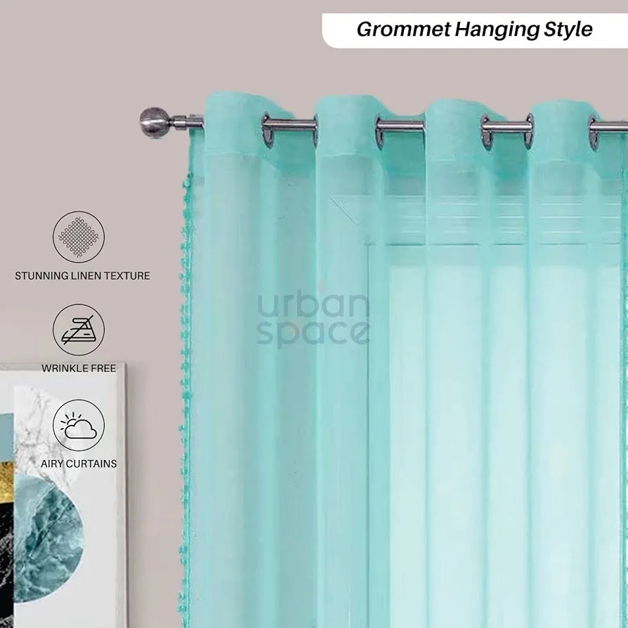 Urban Space Linen Textured Sheer Curtains for Door 7 feet, Curtains for Living Room with Eyelets, Set of 2 Sheer Decorative Curtains Aqua Blue