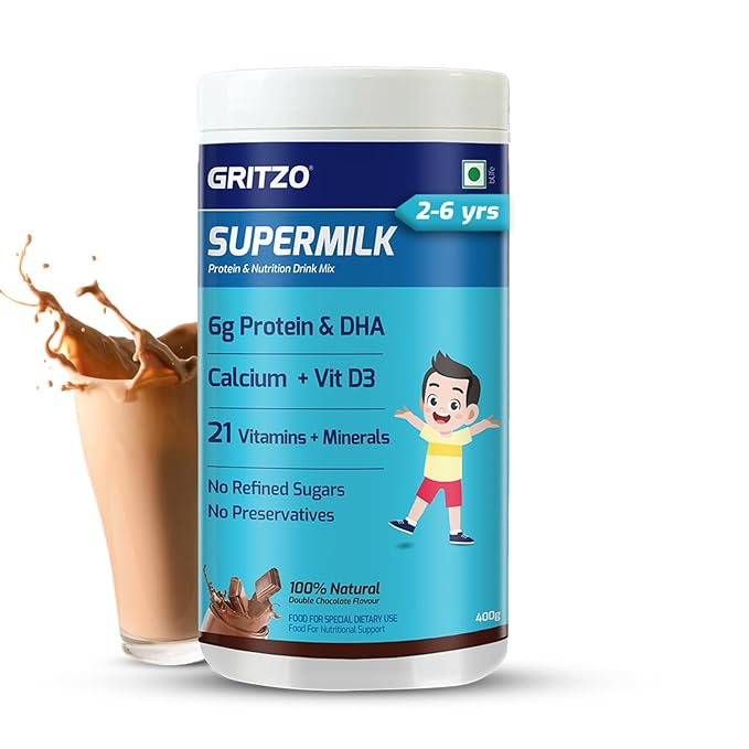Gritzo SuperMilk Overall Growth (2-6y) 6g Protein Powder Double Chocolate - 400 gms