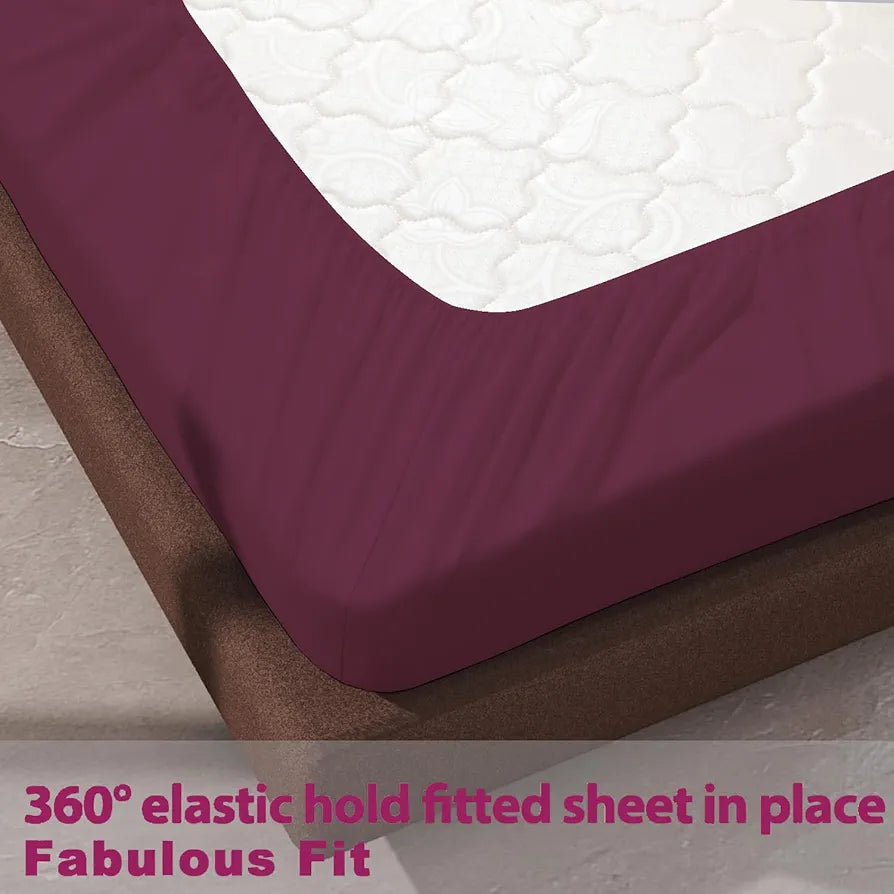 Trance Home Linen 100% Cotton 78x60 inch Queen Elastic Fitted Bedsheet 400TC Premium Queen Double Bed Size Plain with 2 Pillow Covers Colour Deep Wine