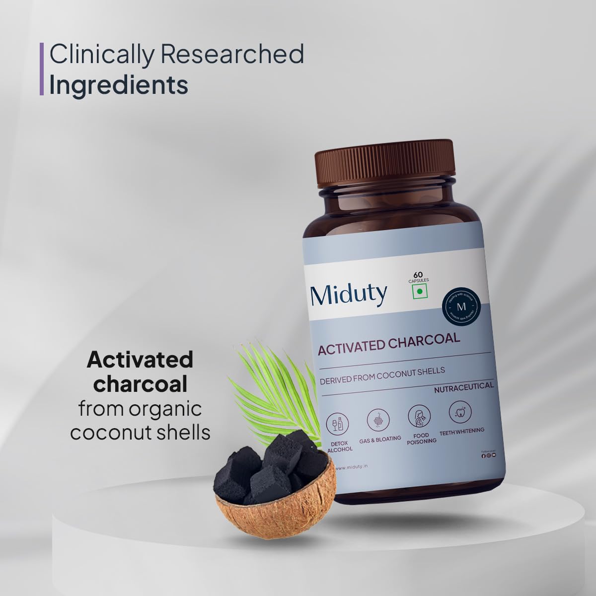 Miduty by Palak Notes Activated charcoal, Activated coconut charcoal, Detox your body, Jet lags, Detox alcohol, Activated charcoal Pack - 60 capsules