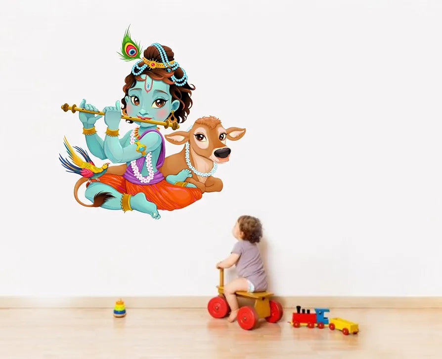 Rawpockets Lord Krishna Flute Playing with Cow Wall Sticker  -Self-Adhesive