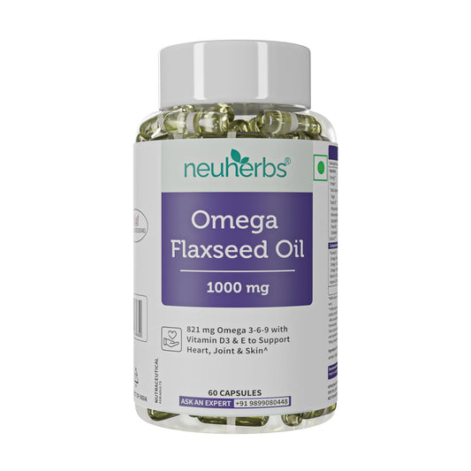 Neuherbs Flaxseed Oil Omega 3 6 9 Capsules 1000mg For Men & Women | Cold Pressed Flaxseed Oil Veg Omega-3 Supplement With Vitamin D3 & E | Supports Heart, Joint & Skin Health - 60 Softgels