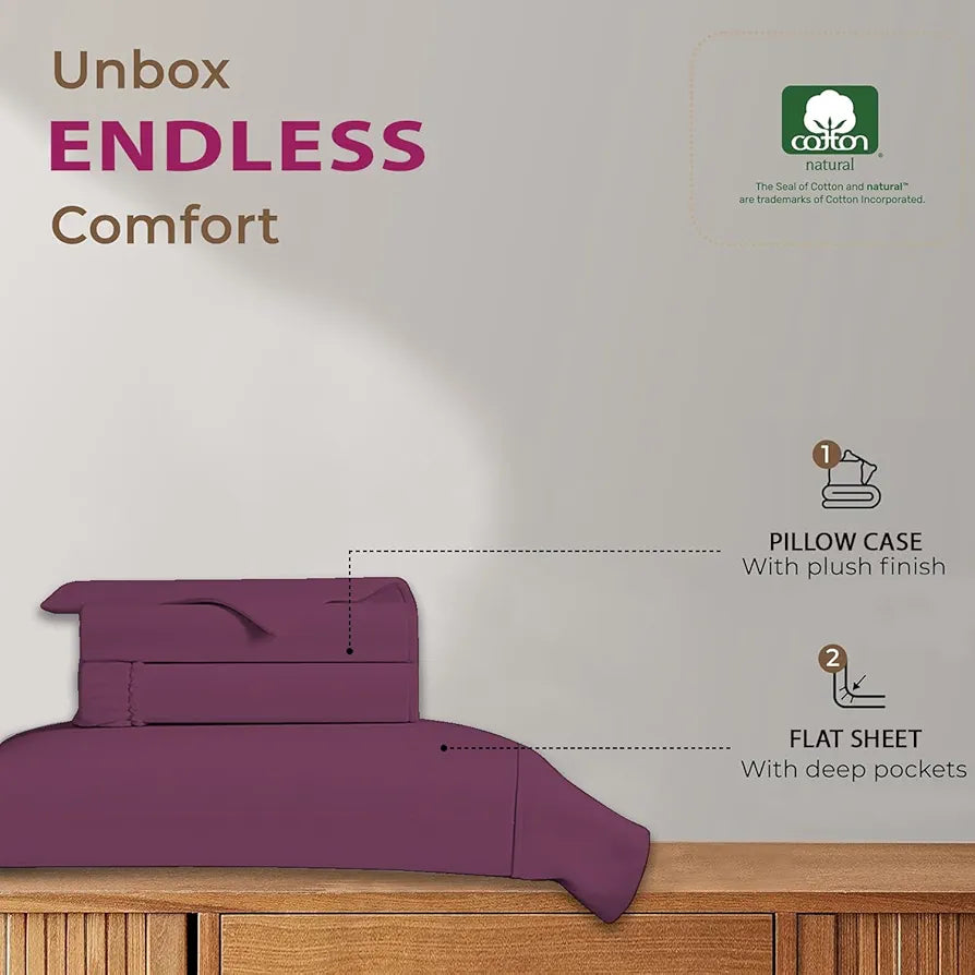 Trance Home Linen 100% Cotton 78x72 inch King Elastic Fitted Bedsheet 400TC Soft Durable Plain Bed Sheet with 2 Pillow Covers Colour Plum