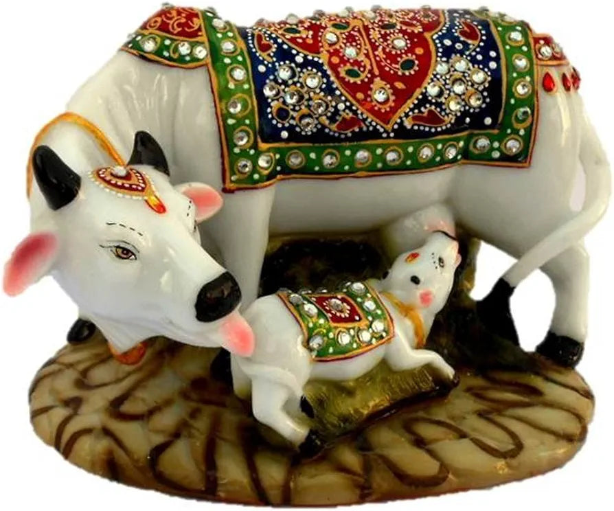 Nrson Handicraft Decorative Marble Dust Cow With Calf/polyresin Cow and Calf Big Statue 5 X 3 X 3 Inch