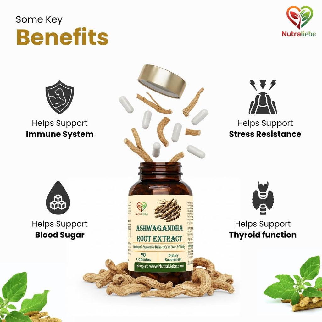 Nutraliebe Ashwagandha Root Extract 600 mg – Withania somnifera Standardized to 5% Withanolides | Stress Relief, Energy, Focus & Hormonal Balance | Adaptogenic Ayurvedic Herb | 90 Vegetarian Capsules | Non-GMO, Gluten-Free