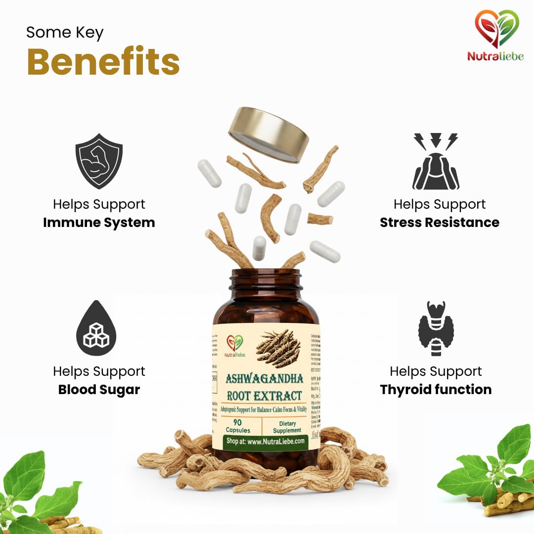 Nutraliebe Ashwagandha Root Extract 600 mg – Withania somnifera Standardized to 5% Withanolides | Stress Relief, Energy, Focus & Hormonal Balance | Adaptogenic Ayurvedic Herb | 90 Vegetarian Capsules | Non-GMO, Gluten-Free