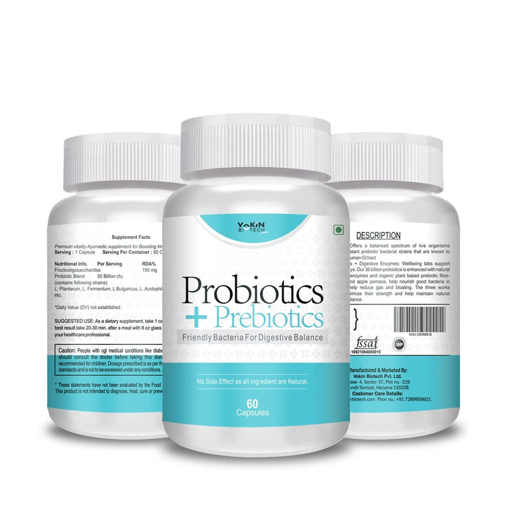 Vokin Biotech Probiotics+ Prebiotics Supplement 50 Billion Cfu For Women & Men With Prebiotics 150 mg | Probiotic Capsules For Digestion Support, Gut Health And Immunity â€“ 60 Veg Capsules