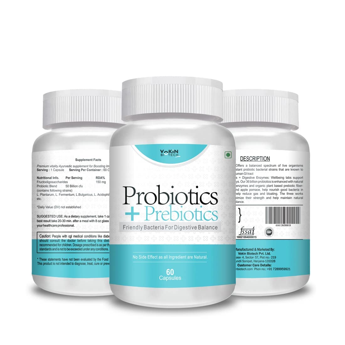 Vokin Biotech Probiotics+ Prebiotics Supplement 50 Billion Cfu For Women & Men With Prebiotics 150 mg | Probiotic Capsules For Digestion Support, Gut Health And Immunity â€“ 60 Veg Capsules