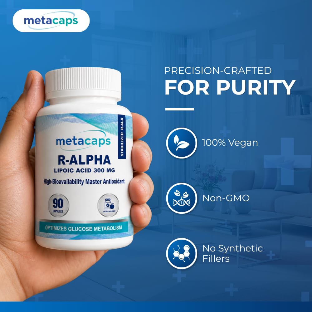 MetaCaps High-Absorption R-Alpha Lipoic Acid (R-ALA) 300mg – 90 Veg Capsules | Stabilized Bio-Enhanced Formula | Advanced Nerve Support & Glucose Metabolism | Master Antioxidant for Cellular Energy | Non-GMO & Vegan