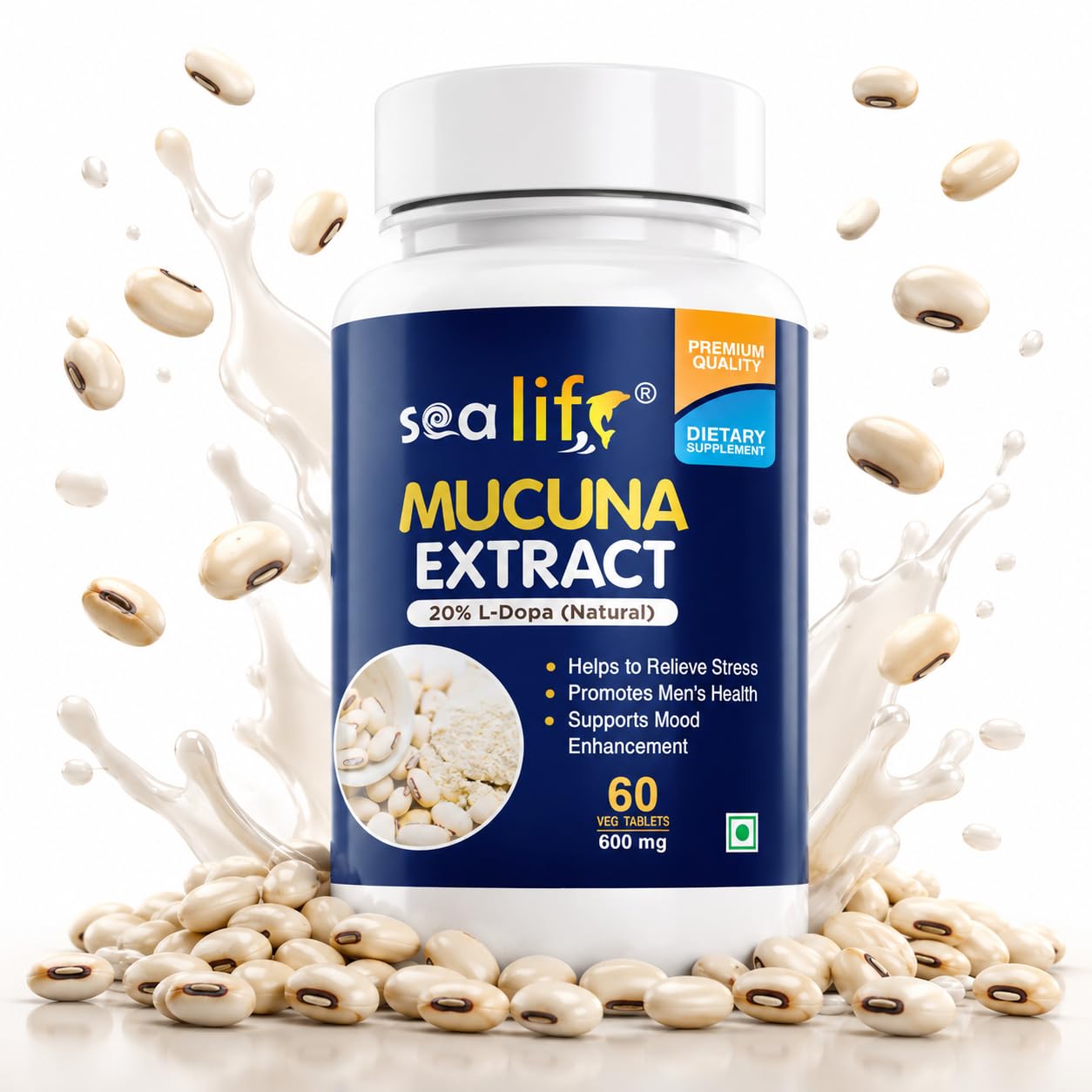 Sea Life Mucuna Pruriens Extract (60 Tablets) | Kaunch Beej | Velvet Bean | Kapikacchu | Natural L-Dopa 600mg | Stress Reliever | For Mood & Motivation Support.
