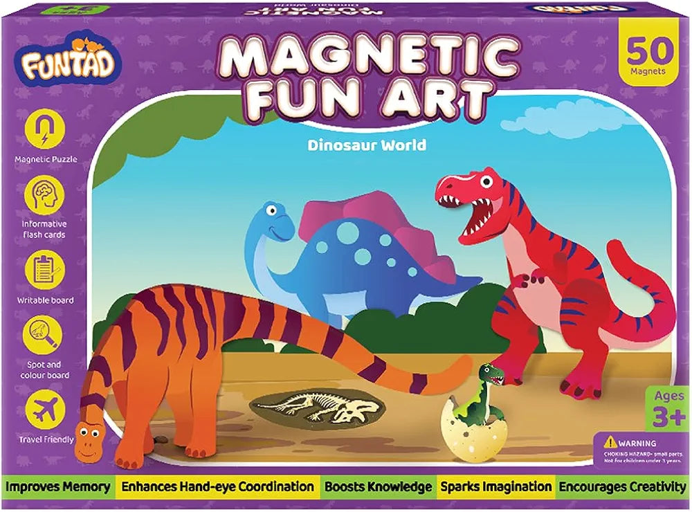 Funtad Magnetic Fun Art Puzzle Dinosaur 4-in-1 Travel Friendly Educational Toy with Writable Board 50 Magnetic Pieces with for Boys & Girls Age 3,4,5 & 6 yrs
