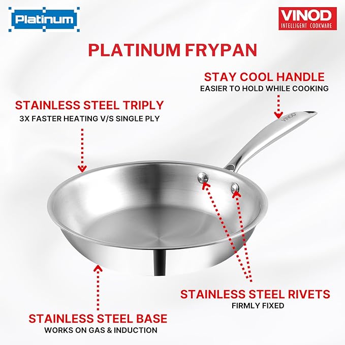 Vinod Platinum Triply Stainless Steel Frypan 16 cm | 2.5 mm Thick | Steel Pan for Cooking | Scratch Resistant