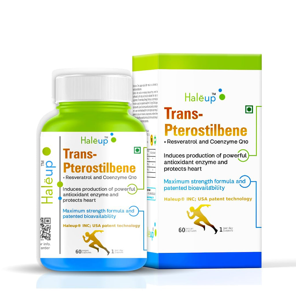 Haleup 99% Pure Trans-Pterostilbene with Resveratrol | Potent Antioxidant | High Bioavailability | Promotes Healthy Ageing | Skin Health (1 pack X 60s count)