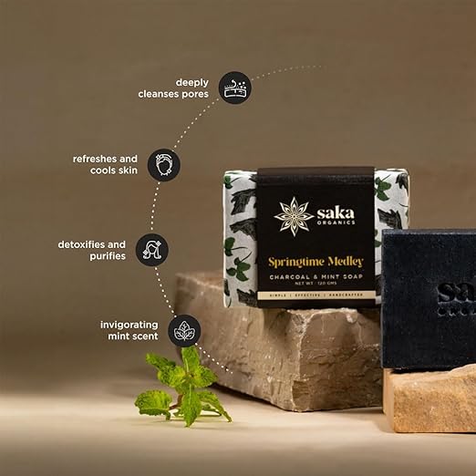 Saka Organics Springtime Medley Handmade Charcoal and Mint Soap - 120 gms Each (Pack of 2)