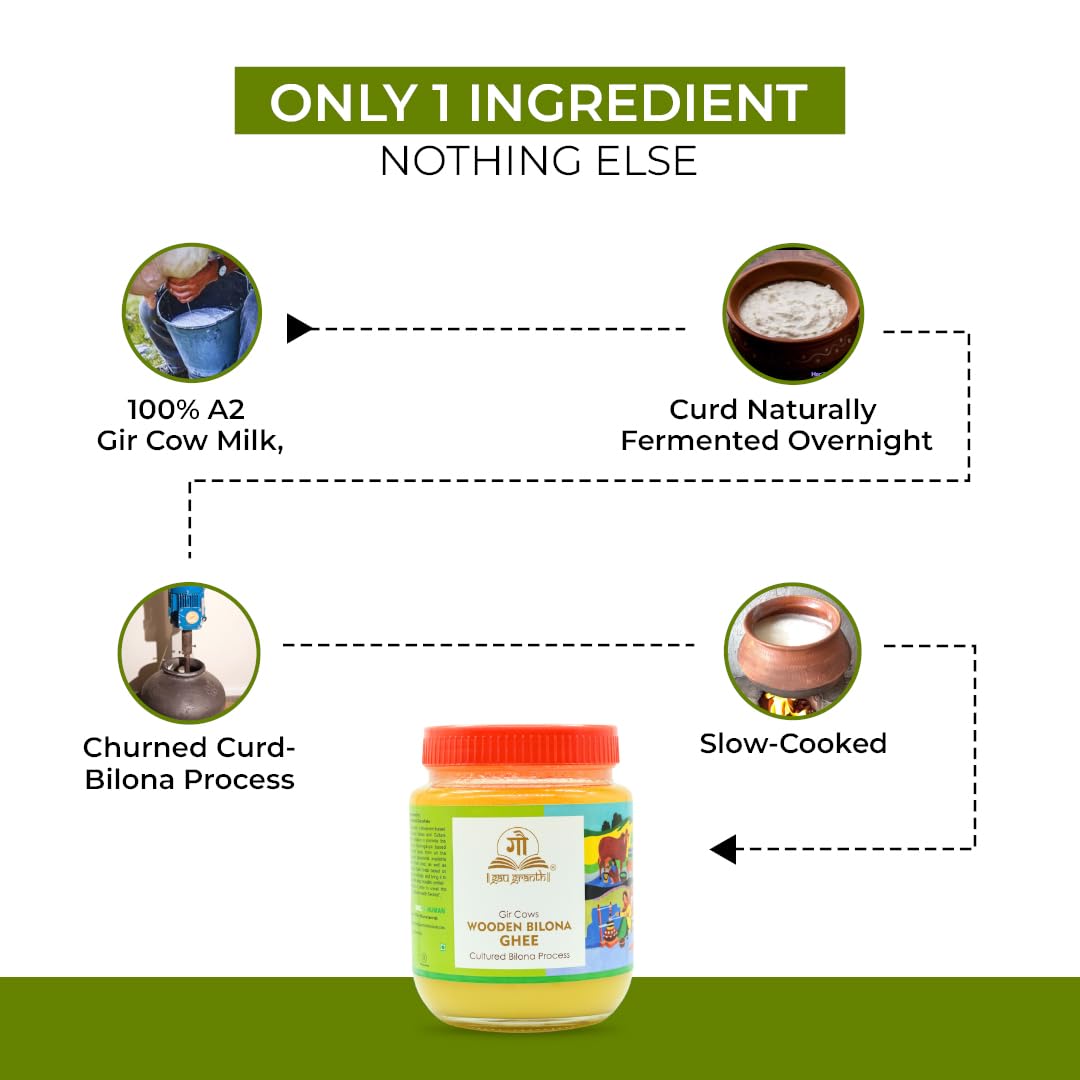 cow ved GauGranth A2 Gir Cow Ghee – 500ml (Pack of 1) | Traditional Wooden Bilona Desi Ghee | Hand-Churned from Grassfed A2 Gir Cow Milk | 100% Pure, Natural & Healthy | Vedic Method | Glass Jar Packaging