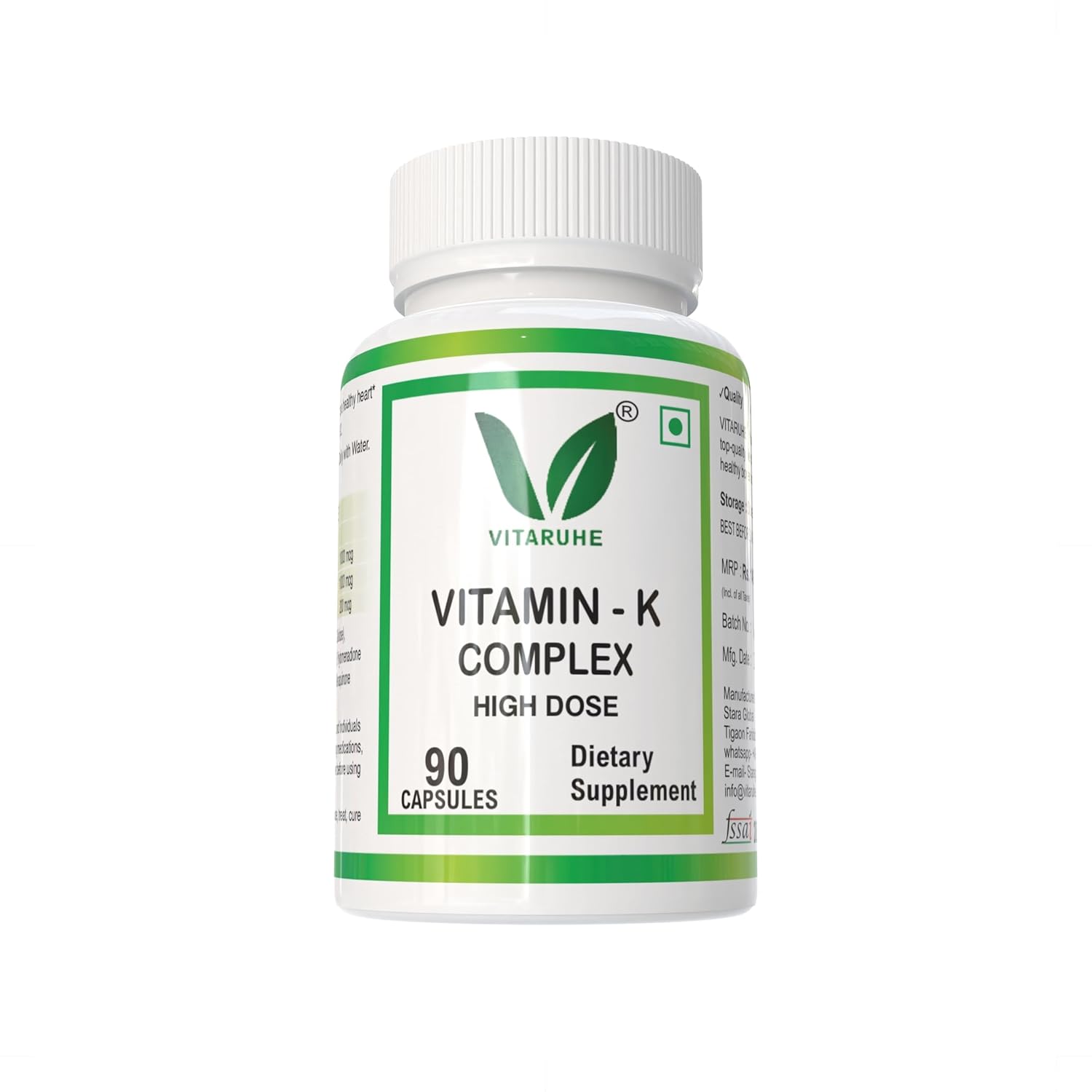 VITARUHE® Vitamin K Complex, High Dose K1 + K2 Menaquinone High Strength & Vegan (MK4 +MK7), 90 Capsules for 3 Months, Best Bioavailability, Supplement Without Additives (1)