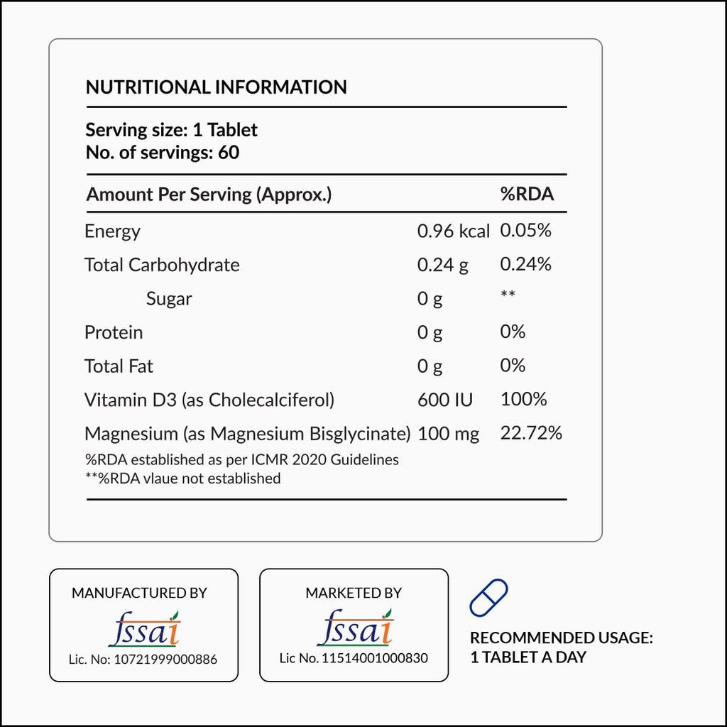 Nutrova Magnesium+D3 | With Magnesium Bisglycinate & Vitamin D3 | Supports Better Sleep, Mood, Energy & Muscle Recovery | High Absorption Formula | Gentle on Stomach | 60 Veg Tablets