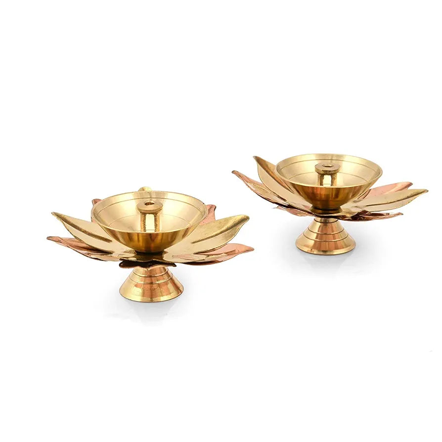 Collectible India Brass Diya Lamp Lotus Shape Decorative Akhand Deepak for Pooja - Set of 2
