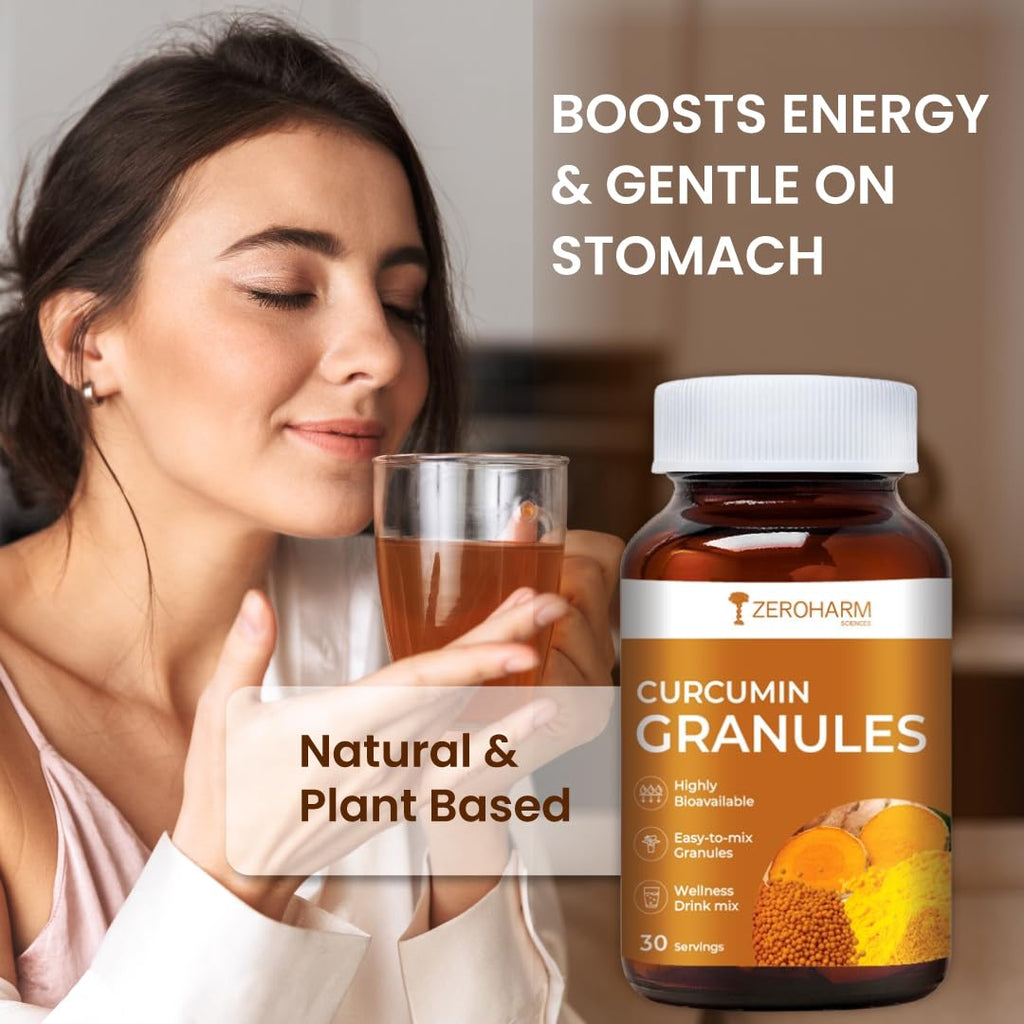 ZEROHARM Curcumin Granules from Turmeric | Easy-Mix Golden Wellness Drink for Immunity & Skin Health | Highly Bioavailable | No Mess, No Powder | Tea & Coffee Alternative for Men & Women | 100 Grams