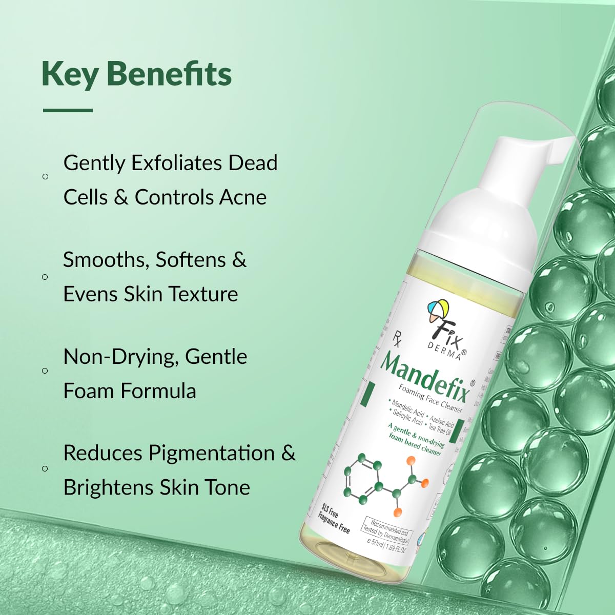 Fixderma 2% Salicylic Acid Mandefix Foaming Cleanser for Men & Women | Nondrying Cleanser, Exfoliator, Reduces Skin Ageing | Salicylic Acid Face Wash for Sensitive and Acne Prone Skin - 50ml