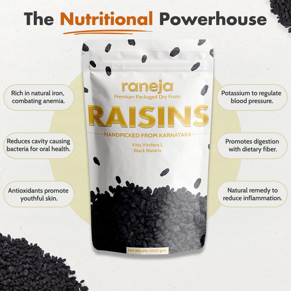 Raneja Premium Afghani Seedless Black Raisins | High in Antioxidant Kali Kishmish/Kismis Dry Fruits, Healthy Snacks | Rich in Fiber & Potassium | Naturally Sweet & Tasty